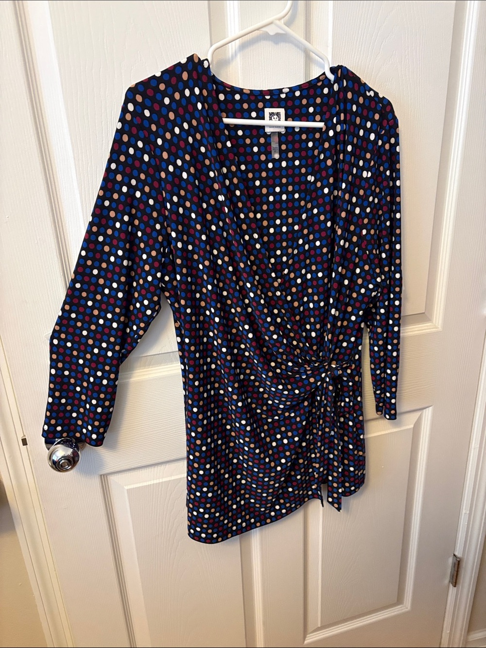 Anne Klein Navy Polka Dot Wrap-Style Long Sleeve Dress